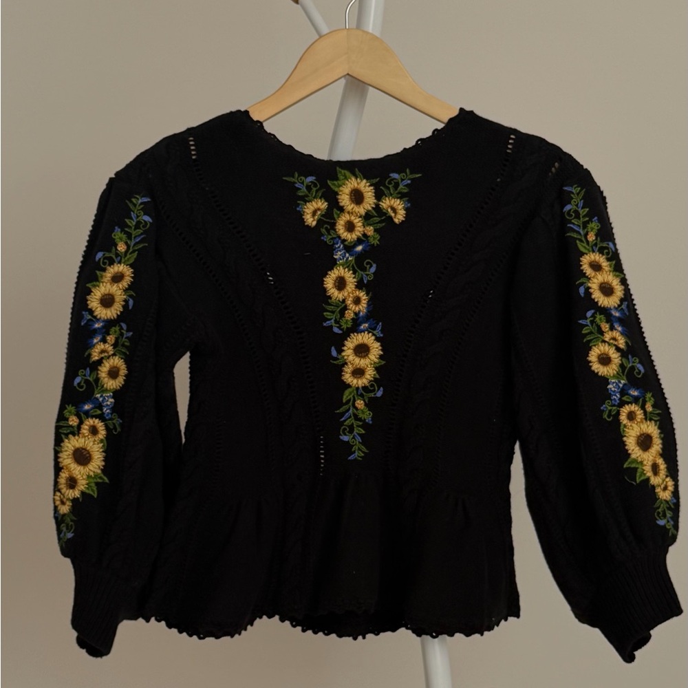 Embroidered Black Knit Top with Sunflower Design